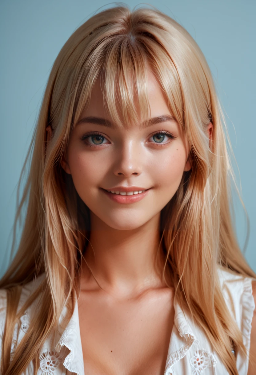 score_9, score_8_up, score_7_up, score_6_up, id photo, 1girl, smile, upper body, blonde, bangs, caucasian, looking at viewer, <lora:ID_Photo:1>