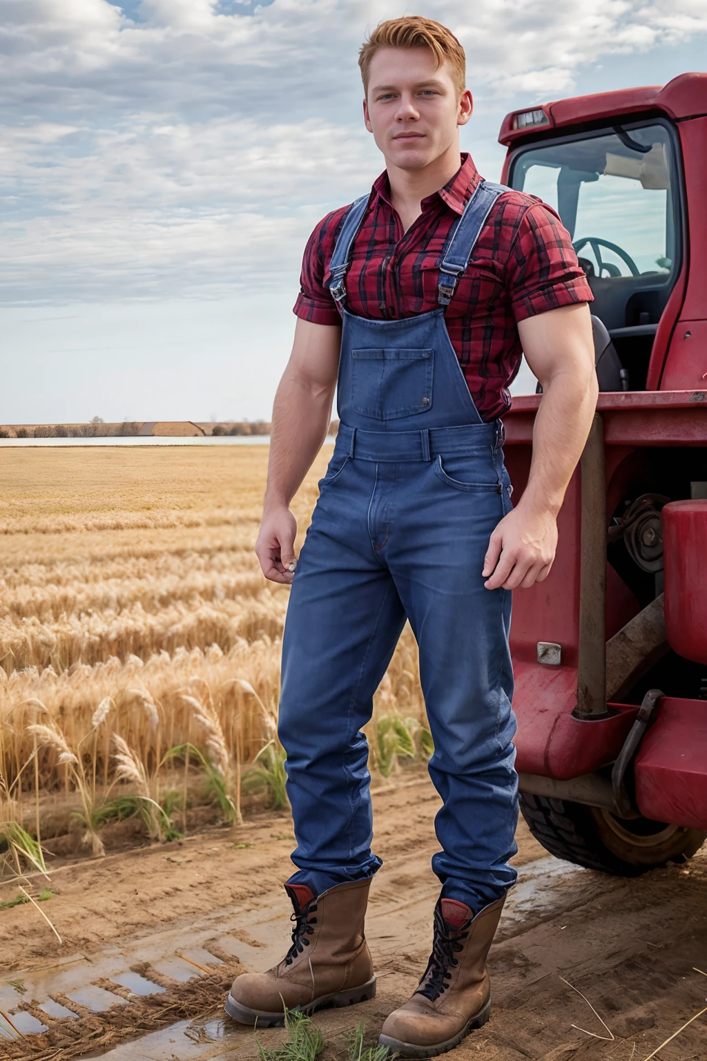 gentle plain, Kansas wheat field, farm, SCAdam, red plaid shirt, faded blue denim overalls, work boots, (male focus), (((full body portrait))) , wide angle  <lora:SCAdam:0.8>