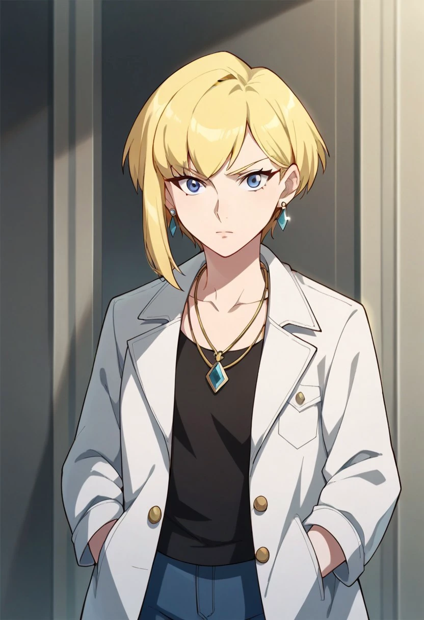 score_9, score_8_up, score_7_up, source_anime,kara zor-el, blonde hair, short hair, blue eyes, 1girl, solo, jewelry, looking at viewer, hands in pockets, necklace, :o, earrings,coat