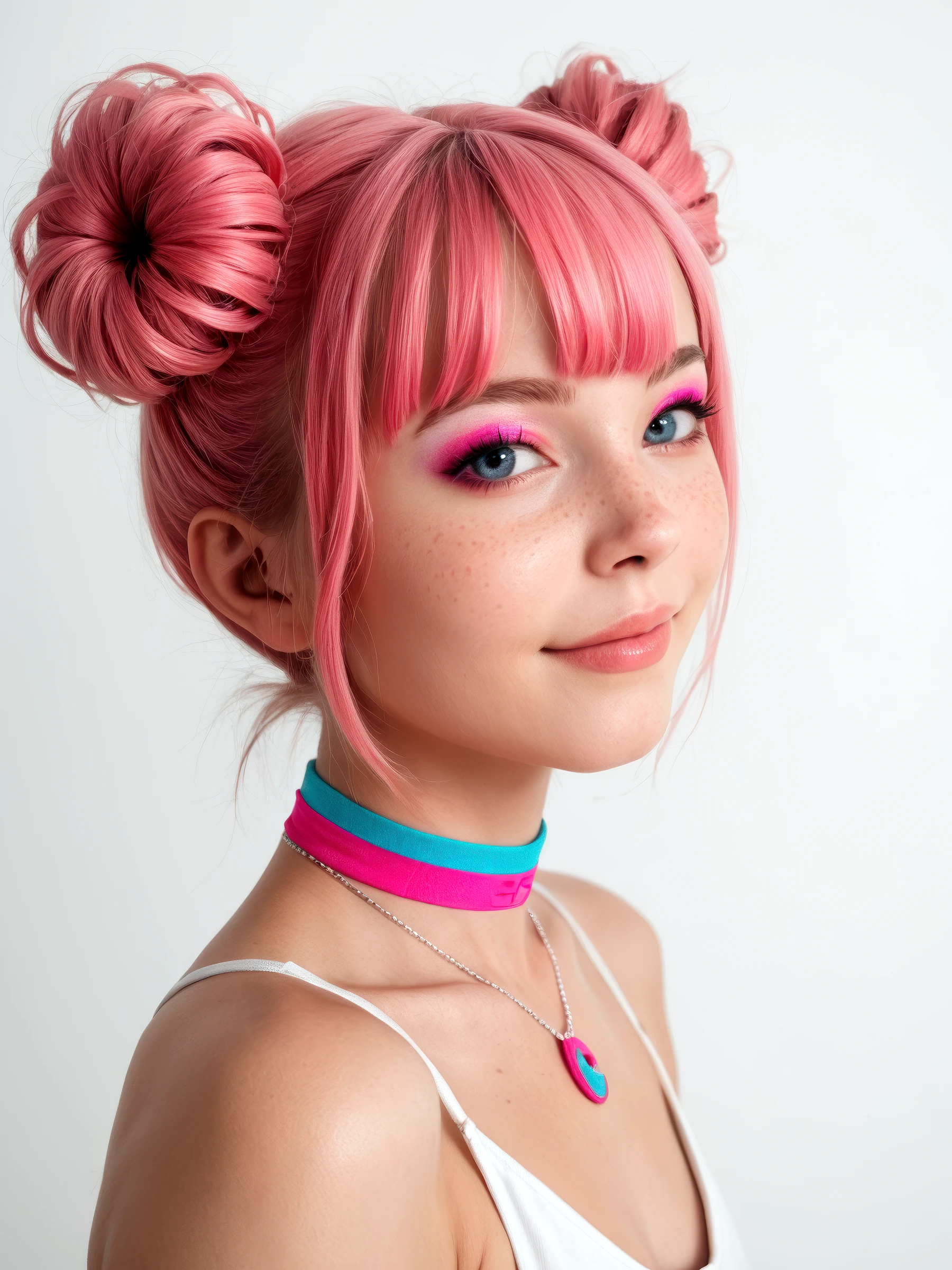 score_9, score_8_up, score_7_up, realistic lighting, photo, photorealistic
1girl, pink hair, necklace, (bangs:1.1), side view, (detailed face and eyes:1.2), white background, perfect cute face, turning to look at viewer, vibrant colours, cocky smile, choker, (freckles:0.6), eyeshadow, pigtail buns, round face
