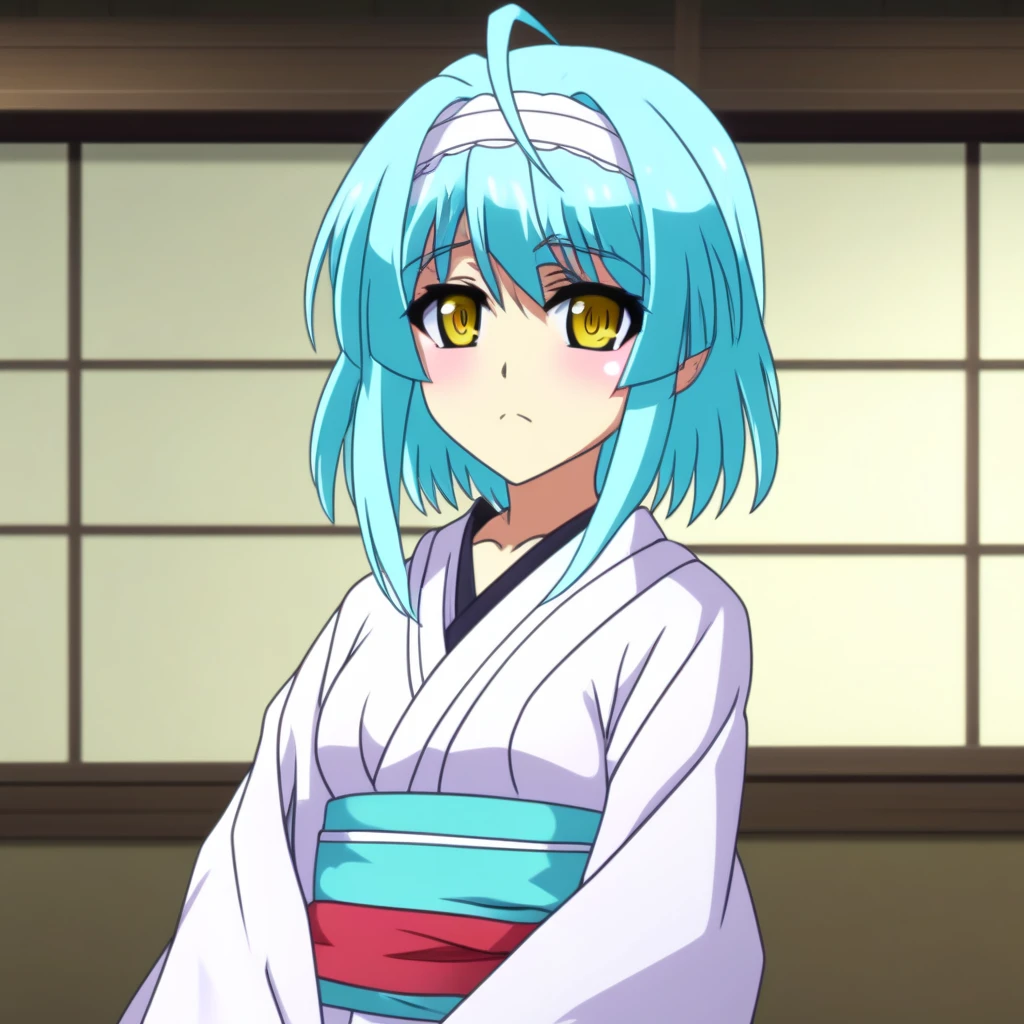 score_9, score_8_up, score_7_up, source_anime,  NonakaYuki, 1girl, solo, closed mouth, light smile, blush, aqua hair, yellow eyes, side braid, YukiWedding, japanese clothes, (hood:1.2), white kimono, red sash, standing, looking at the viewer,  indoors