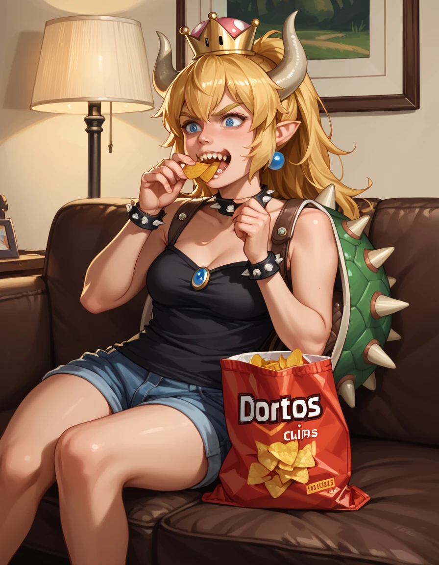 score_9, score_8_up, score_7_up, score_6_up, score_5_up, score_4_up, 1girl, bowsette, couch, lamp, hud_d0ritos, eating, bag of chips, doritos <lora:d0ritos-000008:0.7> ,