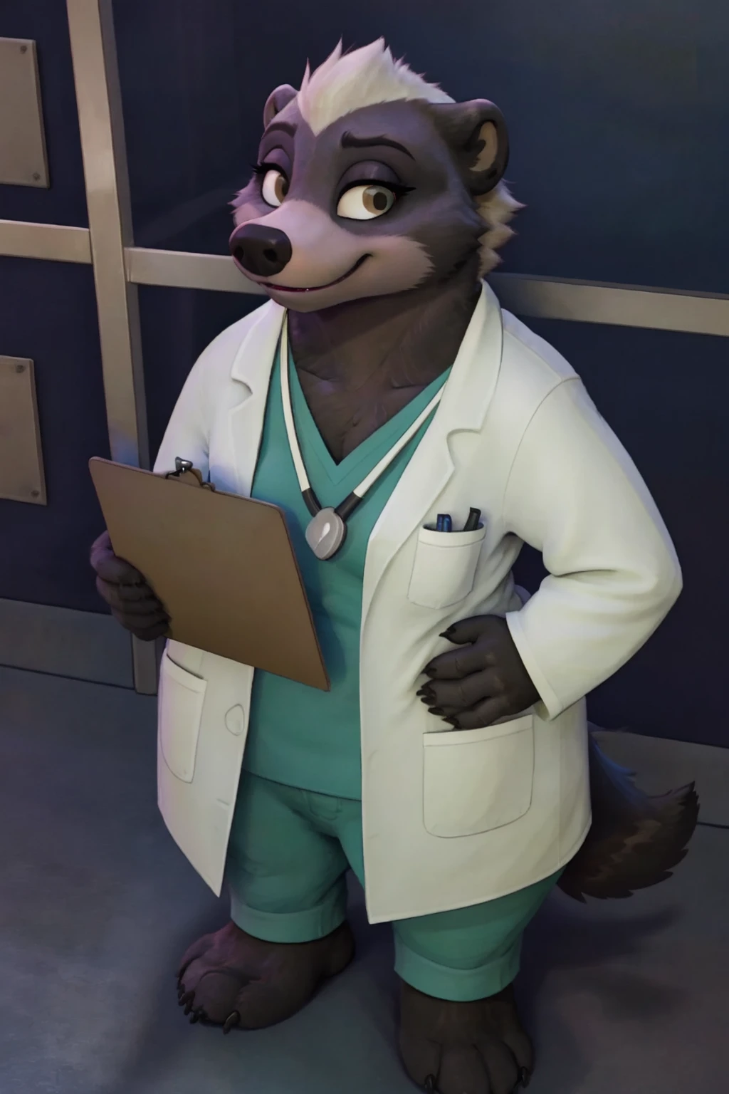 Dr. Madge, honey badger, anthro, female, <lora:Dr_Madge:0.7>, full body, looking at viewer, holding, holding clipboard, hands on hip, pov in cage, cages, looking down