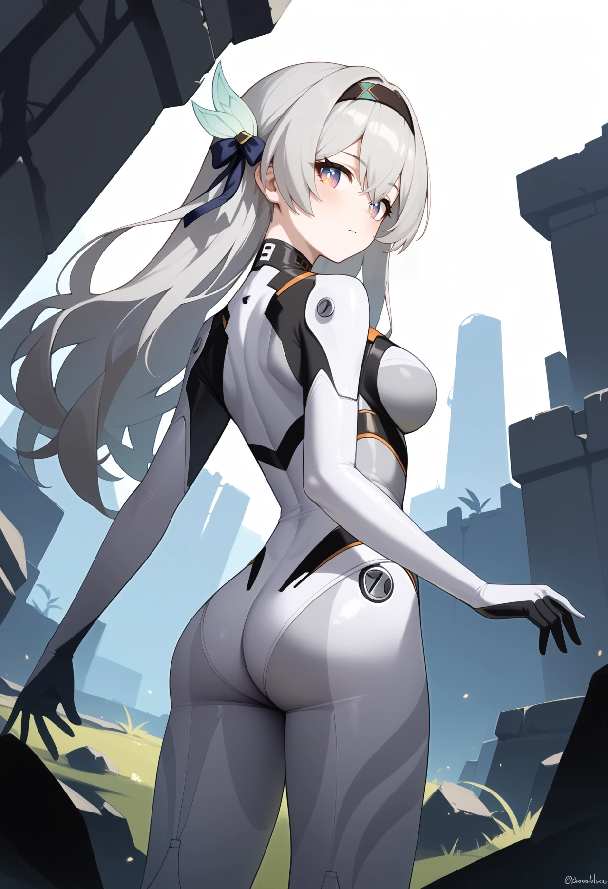 score_9, score_8_up, score_7_up, score_6_up, score_5_up, score_4_up, source_anime, aahotaru, long hair, grey hair, black hairband, hair ornament, hair ribbon, multicolored eyes, breasts, white bodysuit, plugsuit, <lora:hotaru_(firefly)_ponyxl_v1:0.9>, ruins, outdoors, from behind,