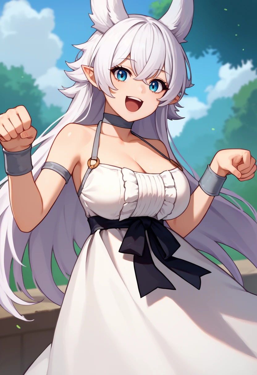 score_9, score_8_up, score_7_up, source_anime, solo, 1girl, lv2fenrys, happy, looking at viewer, open mouth, standing, paw pose, white hair, animal ears, pointy ears, white dress, waist bow, black bow, choker, bare shoulders, collarbone, cleavage, large breasts, outdoors <lora:lv2supercheatpowers_fenrys_ponyXL:1>