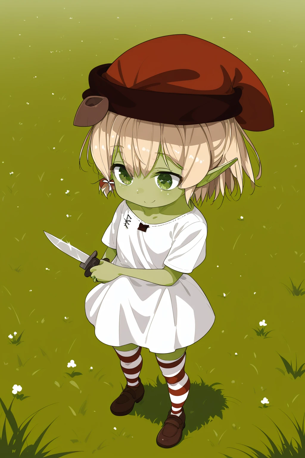 wasabi,yellow hair,green eyes,green skin,colored skin,pointy ears,goblin girls,red hat,white shirt,white dress,holding knife,1girl,solo,short hair,full body,striped thighhighs,brown shoes,standing,grass,smile,<lora:wasabi-XL:1>,