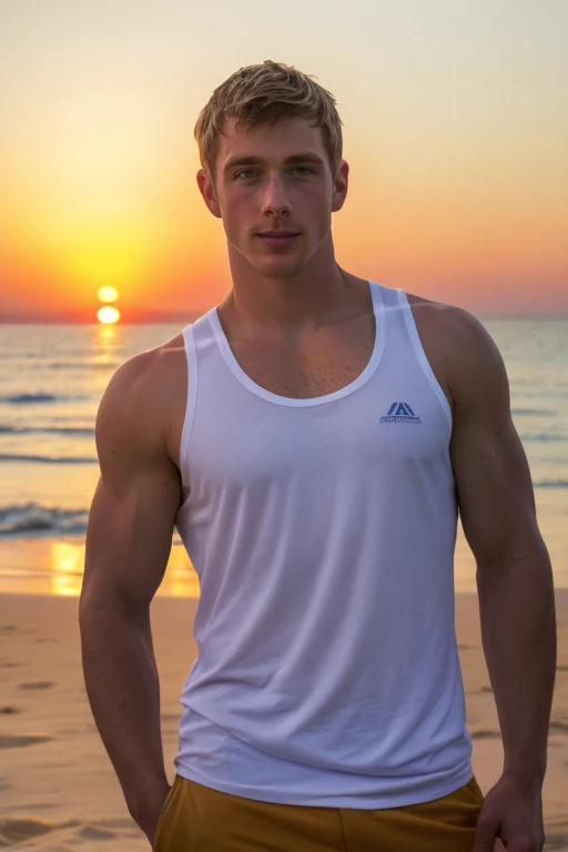 upper body, 25 yo guy,  High resolution photo  handsome guy, highly detailed, wearing white tank top,  sunset, (look at viewer) bokeh background, morning at beach, sand beach background, blue sky, sunburnt , (pale bright skin)  <lora:stevesandvoss:0.8> stevesandvoss  freckled, detailed skin texture, blonde hair,  detailed eyes, athletic, broad shoulders,, (masterpiece,best quality:1.5)