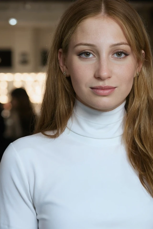 Portrait photo of m0l1e0c4llgh4m woman, white turtleneck blouse, in a night club, makeup