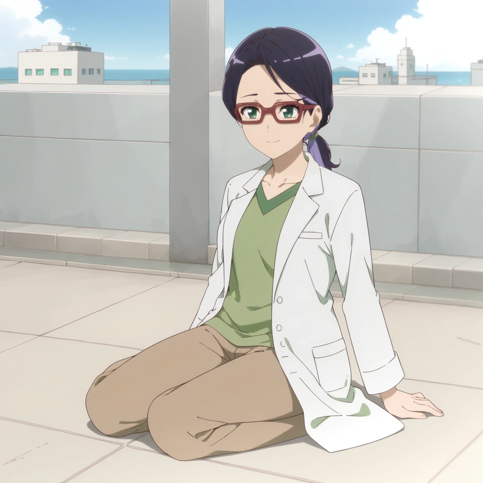 <lora:NCfY_JyoiXLpony001>,
smile,
solo,
Jyoi,1girl,multicolored hair,black hair,purple hair,low ponytail,green eyes,red-framed eyewear,
lab coat,green shirt,
brown pants,
outdoors,
full body,sitting,