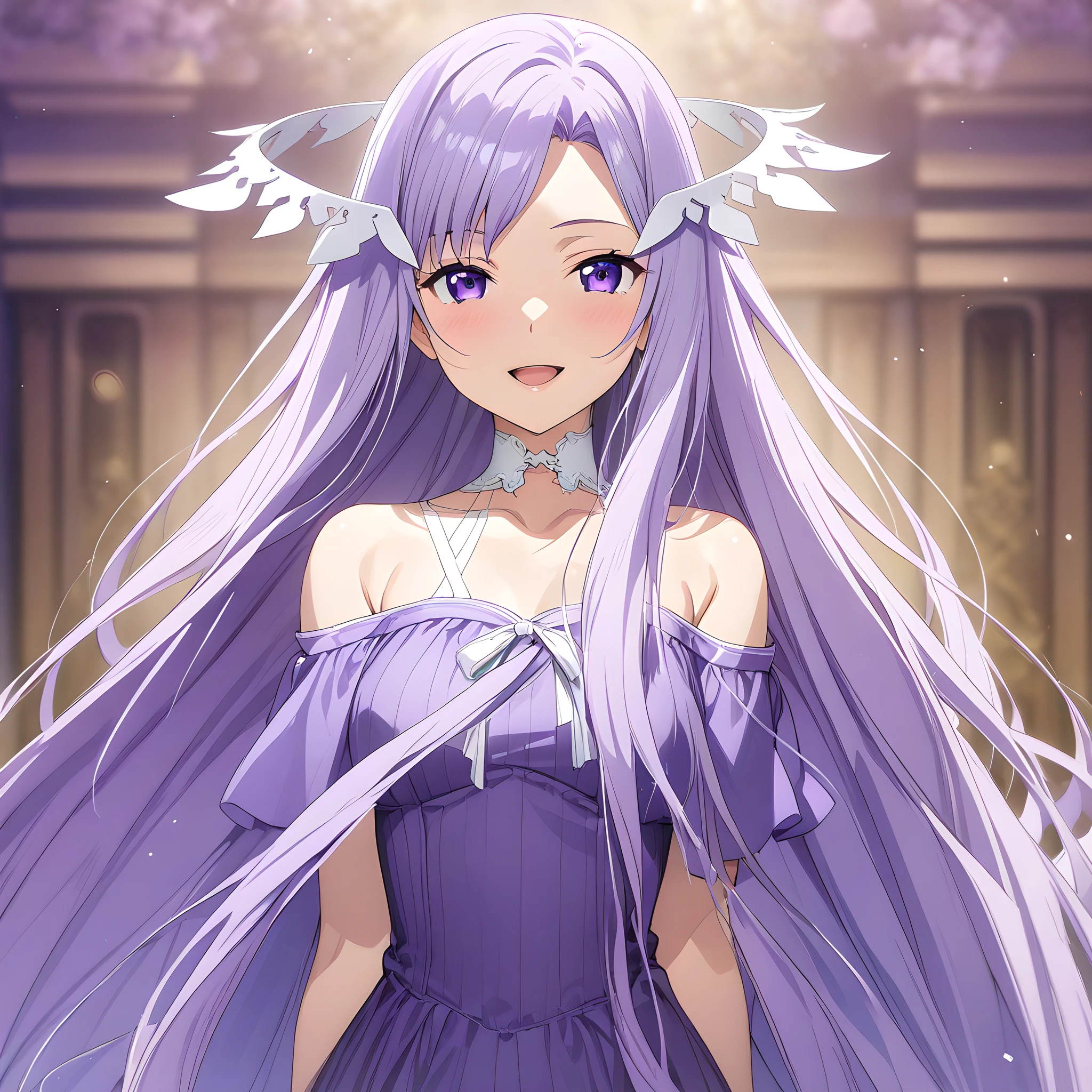 (masterpiece),(best quality),(ultra-detailed),(best illustration),(best shadow),(absurdres),(detailed background),(very aesthetic), anime coloring, quinella, 1girl, solo, long hair, very long hair, purple hair, purple eyes, smile, dress, looking at viewer, purple dress, upper body, choker, nail polish, open mouth, purple nails, floating hair<lora:XL-Quinella:1>