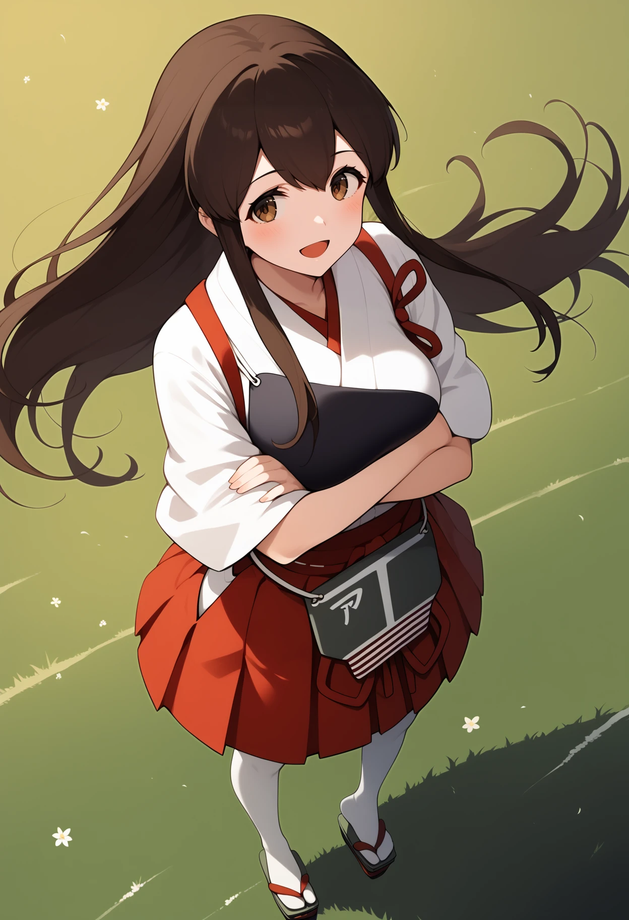 score_9, score_8_up, score_7_up, score_6_up, score_5_up, score_4_up, source_anime, aaakagi, long hair, brown hair, brown eyes, japanese clothes, muneate, tasuki, hakama skirt, red hakama, white thighhighs, <lora:akagi_(kancolle)_ponyxl_v1:0.9>, from above, crossed arms, smile, open mouth, standing, field, floating hair, wind, full body,