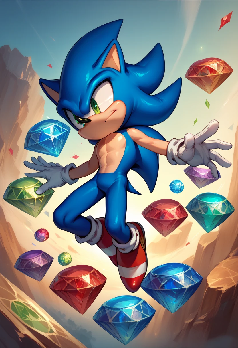 score_9, score_8_up, score_7_up, chaoes emerald, gemstone, gem, red gemstone, gemstones, green gemstone, blue gemstone, <lora:ChaosEmeraldSurrounded_pdxl_Incrs_v1:1>, 1boy, sonic the hedgehog, blue skin, flying, air, green eyes, gloves,