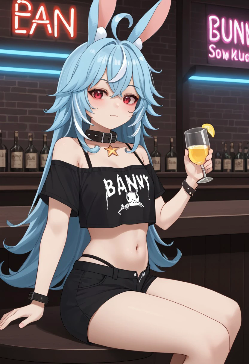 Nanners, rabbit ears, bandaid, ahoge, blue hair, long hair, red eyes, streaked hair, white hair,  
black shirt, black shorts, collar, crop top, navel, short shorts, off-shoulder shirt, midriff, underwear, short sleeves, 
bar, neon lights, indoor, looking at viewer, sitting, holding glass, from side