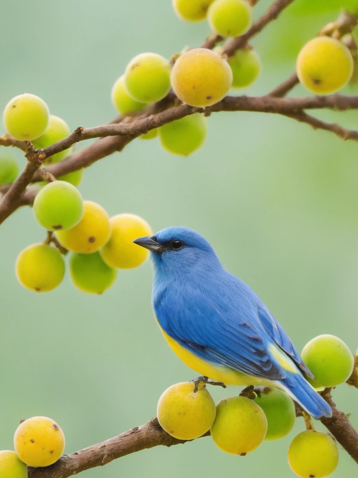 niaoxiansheng, no humans, food, bird, fruit, blurry, animal focus, blurry background, depth of field, realistic, branch, tree, animal, outdoors, day