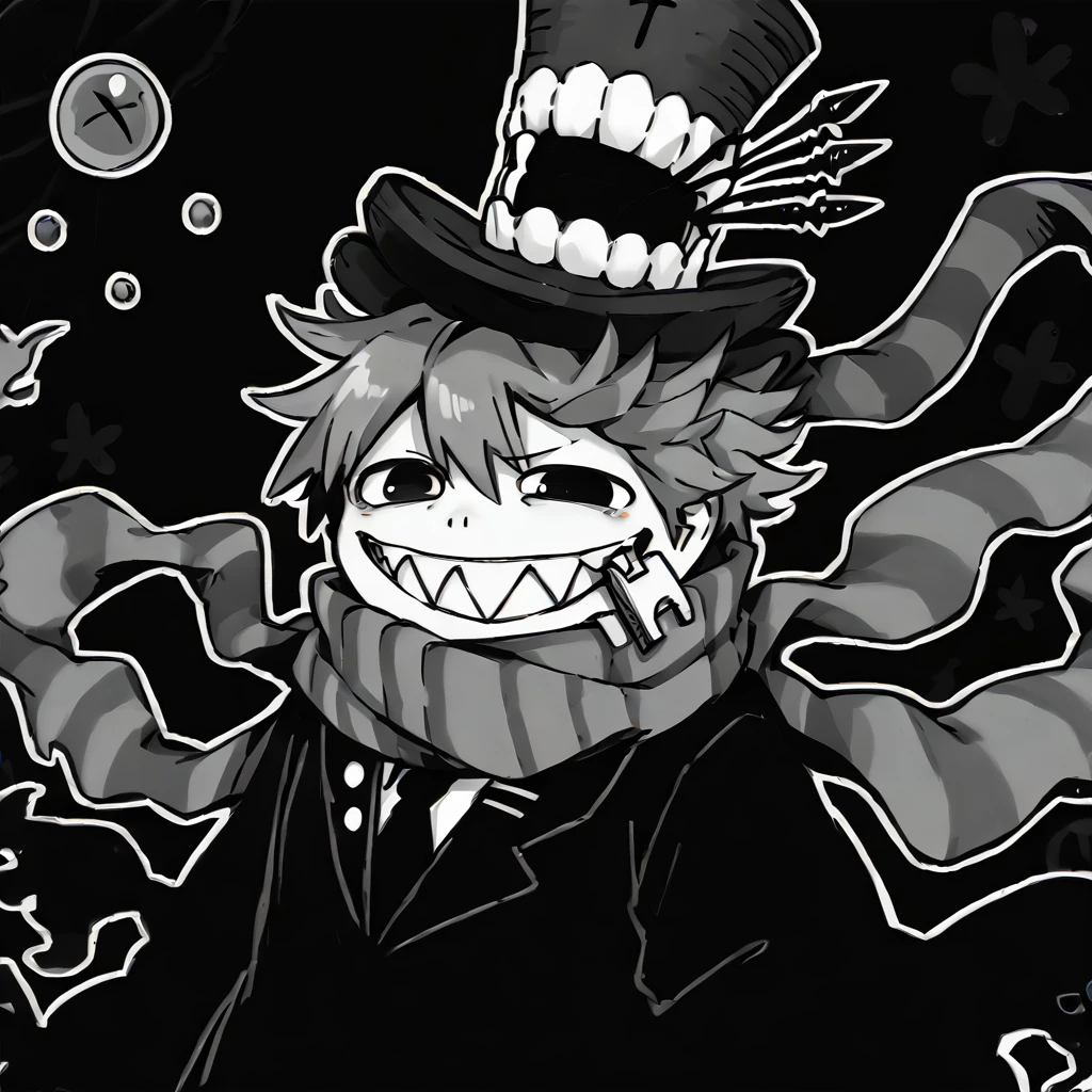 <lora:KirbyJP:1.29> thick lineart, (solo:1.9)
 <lora:Happy_Heroine_Sniper:0.8> teeth, hat, sharp teeth, grin, scarf, top hat, monochrome, striped scarf, black suit, (black eyes:1.9)