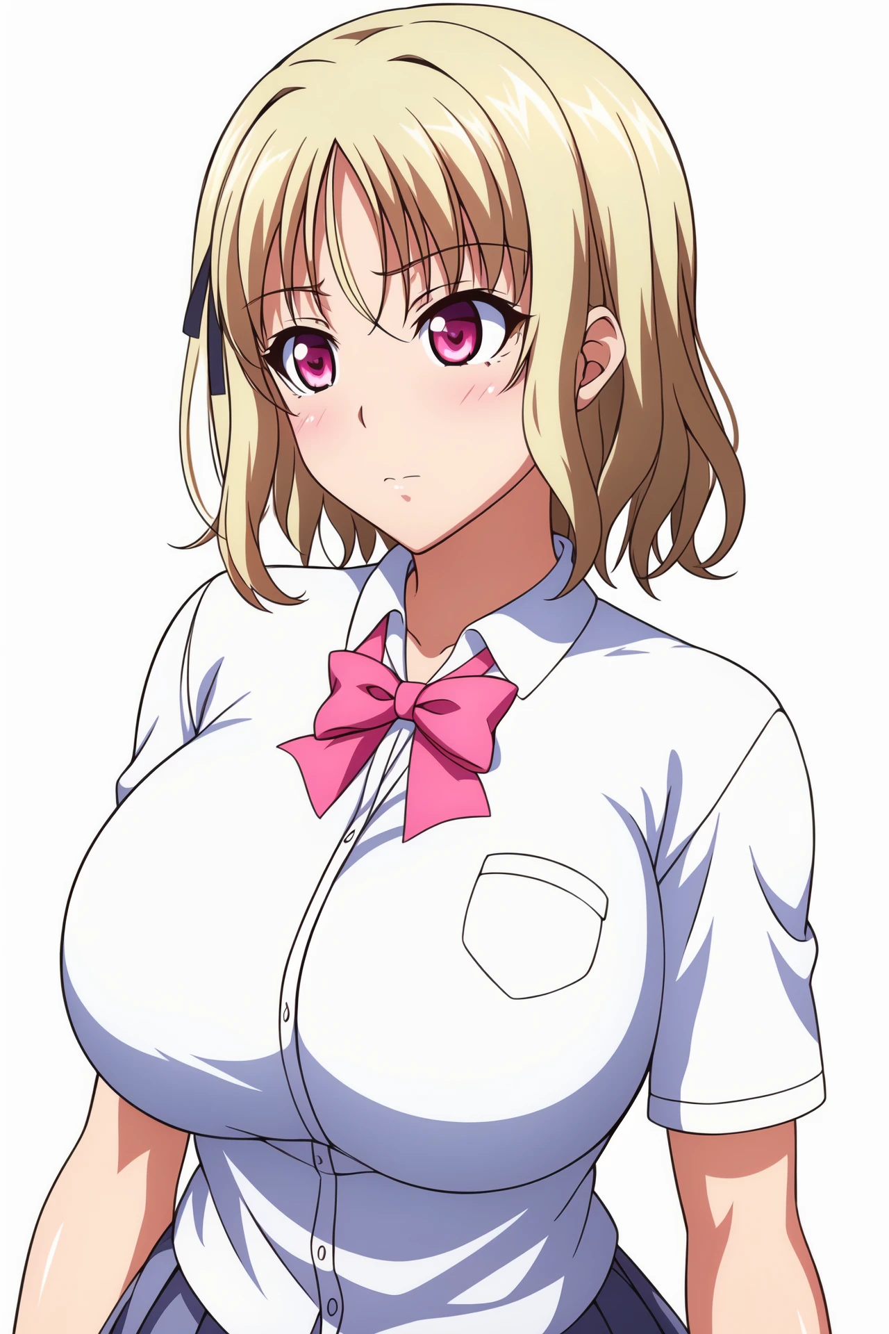 ((masutepiece, Best Quality, hight resolution, nffsw, Perfect Pixel, depth of fields, 4K, )), 1girl in, Solo, , Beautiful anime girl, Beautiful Art Style, close up, Looking at Viewer, Perfect body, Yuigahama Yui, Short hair, single hair bun, pink hair, (large boob), Full face blush, Smile, thighs thighs thighs thighs, navy playboy bunny, red bowtie, white background, portrait shot, Focus,