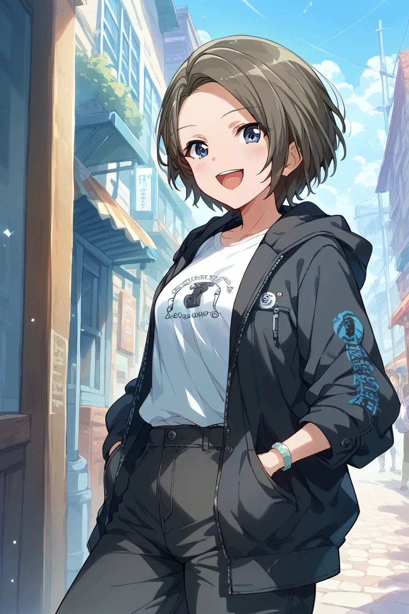 score_9, score_8_up, score_7_up, score_6_up, 1girl,
 <lora:Suzu_Minase:0.9> suzu, short hair, solo, open mouth, smile, shirt, hood, blue eyes, white shirt, jacket, pants, looking at viewer, hand in pocket, open clothes, black jacket, lamode,