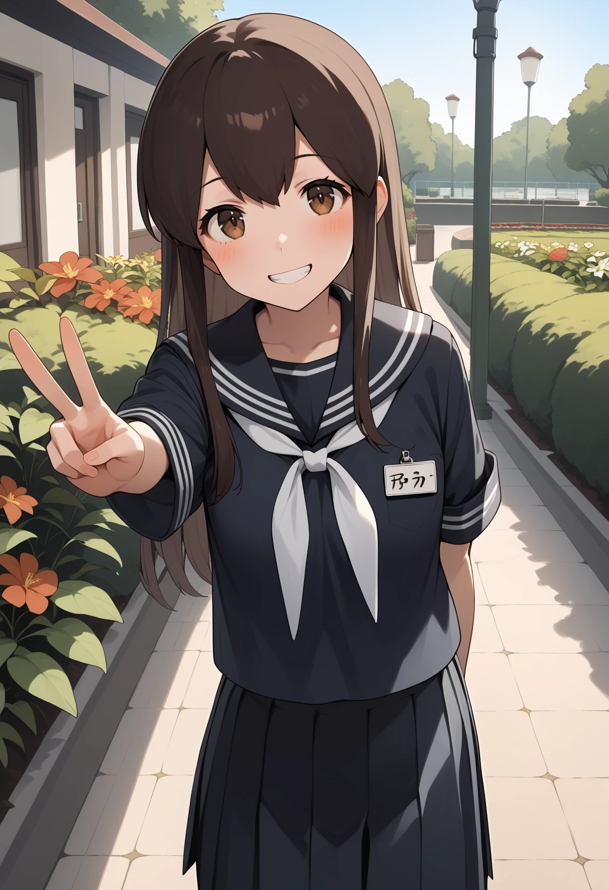 score_9, score_8_up, score_7_up, score_6_up, score_5_up, score_4_up, source_anime, aaakagi, long hair, brown hair, brown eyes, black serafuku, black sailor collar, white neckerchief, black shirt, name tag, short sleeves, pleated skirt, black skirt, <lora:akagi_(kancolle)_ponyxl_v1:0.9>, grin, outdoors, garden, park, v