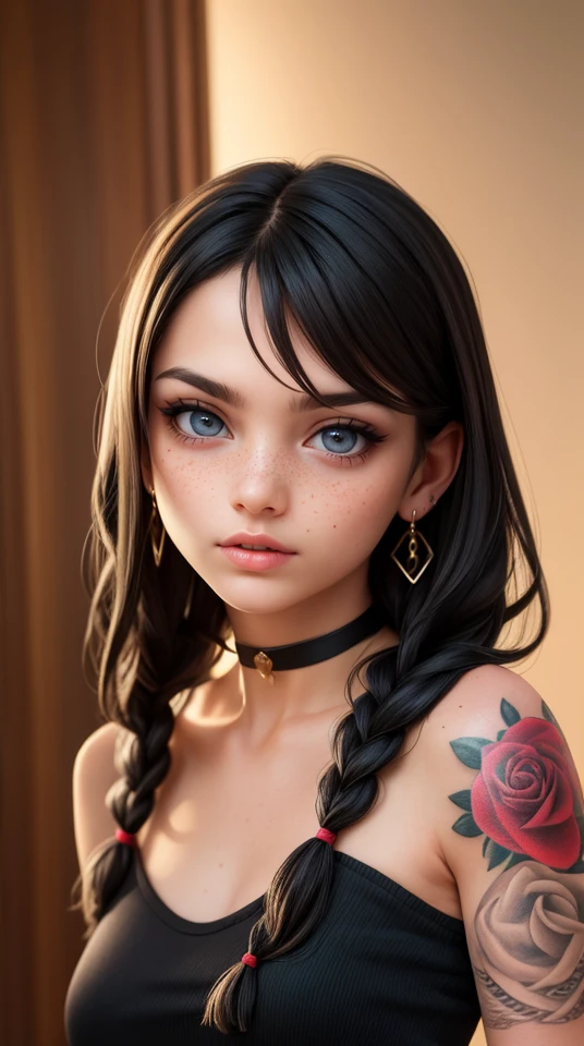 SFW,highest quality,woman,27 year old,backlighting,black choker,blurry background,blush,closed mouth,collarbone,earrings,forehead,freckles,hair over shoulder,jewelry,long hair,looking down,pointy nose,lips glossy,shadow,solo,thick eyebrows,thick eyelashes,upper body, expressive eyes, medium eyes, detailed eyes,black hair,braids,tattoos,tattoos on arms,black rose tattoos on neck,sun beams,warm light,cozy,((masterpiece)),