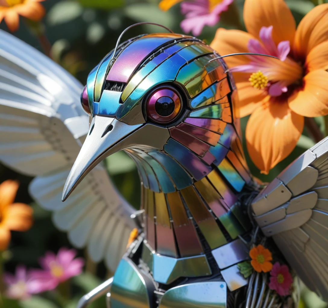 Robotic Hummingbird's face macro close-up with a proboscis made of fine wires and wings of iridescent metal foil against a garden of solar-powered flowers | (cgdream1:Trompe_l_œil1 close_up_detailed_shot_of1)   