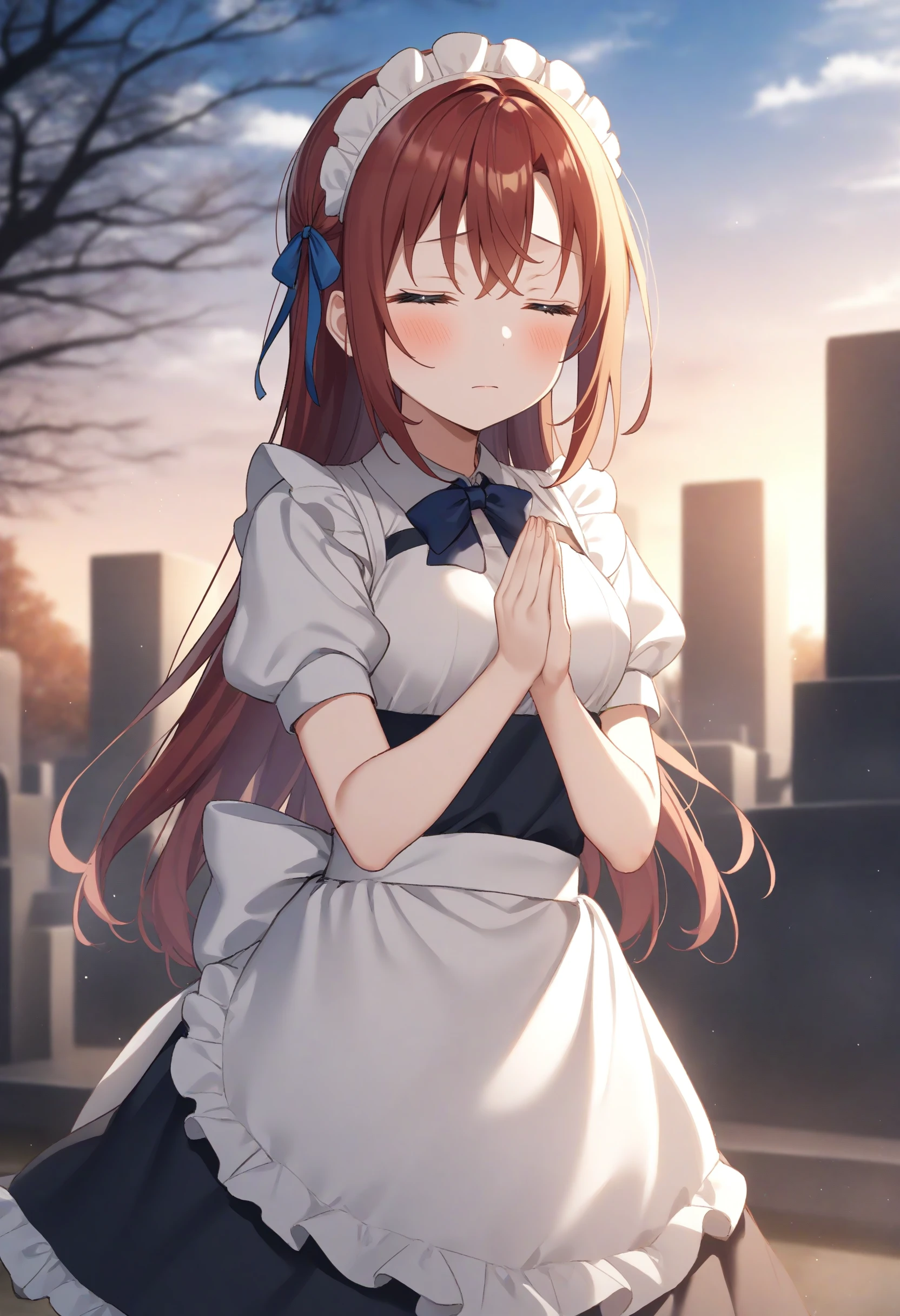 1girl,sincos, ningen mame, toosaka asagi,solo,medium breasts,20yo,maid,maid headdress,
day, closed mouth, grave, expressionless, graveyard, palms together, sotoba, short sleeves, clapping,  standing, closed eyes, <lora:tombstone_XL_v1:0.8>
ceiling, cinematic angle, looking to the side, red hair, orange eyes,lightly curled inwards hair,,
best quality, very aesthetic, absurdres