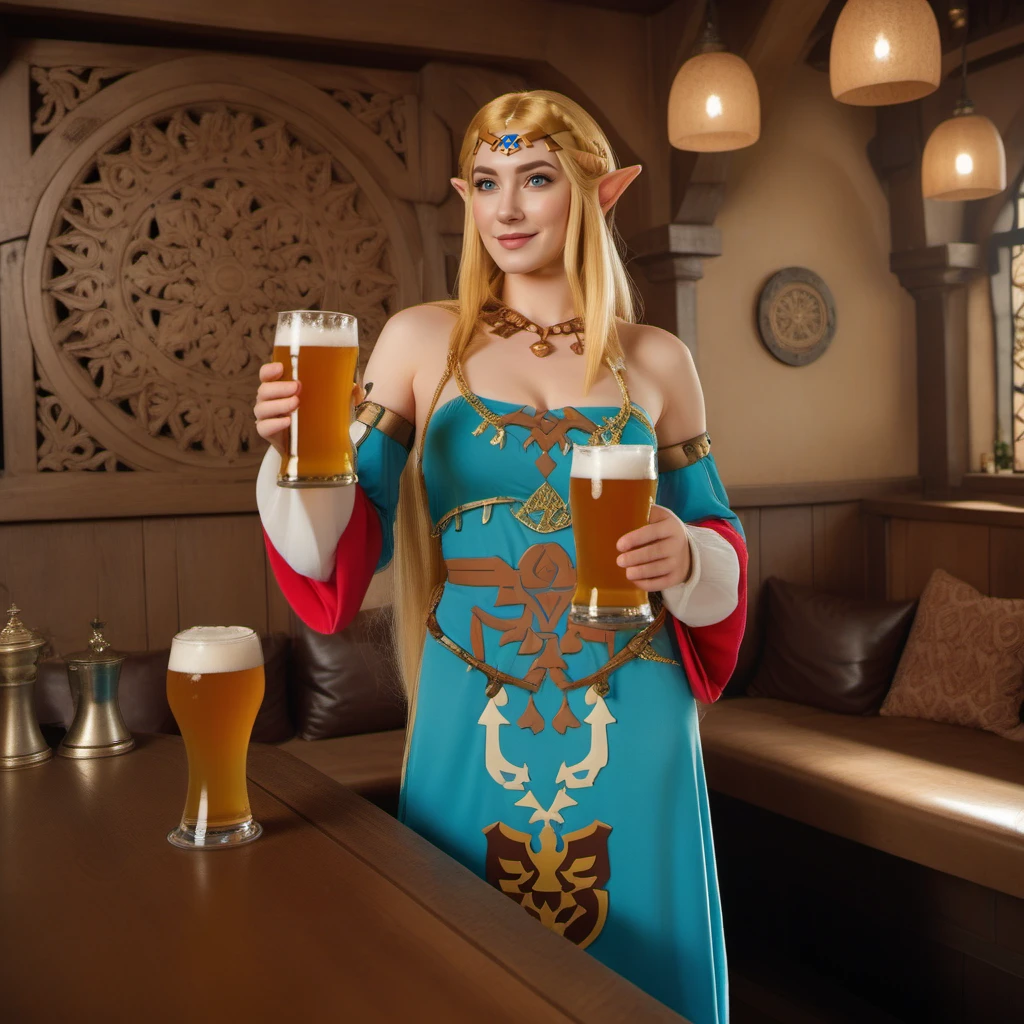 cinematic photo full body portrait princess zelda,  pointy ears, blue eyes, long blond hair, detached sleeves,dress, navel, having a beer in a pub  <lora:Zelda1024:0.8> . 35mm photograph, film, bokeh, professional, 4k, highly detailed