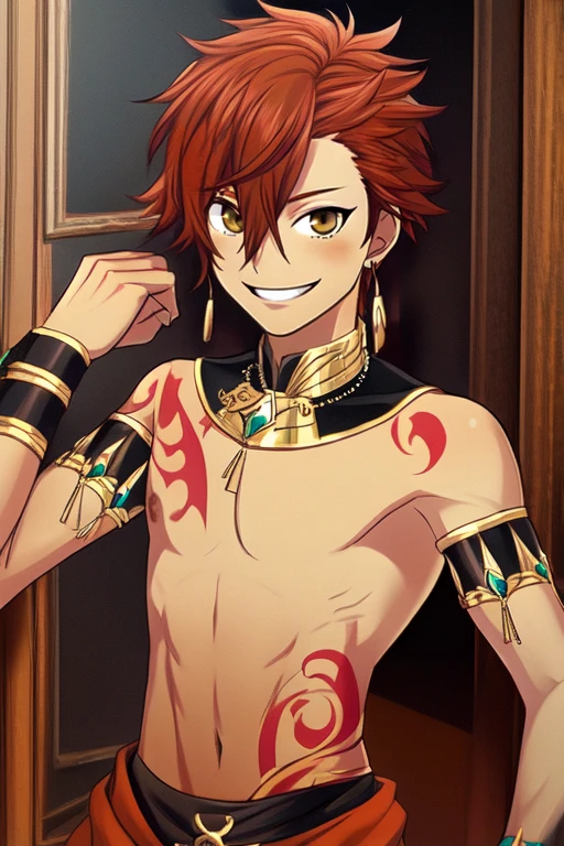 (masterpiece),(best_quality),1boy,Fudou,bare shoulders,gorget,bracelet,body tattoo,abs,smile,<lora:Fudou:1>,