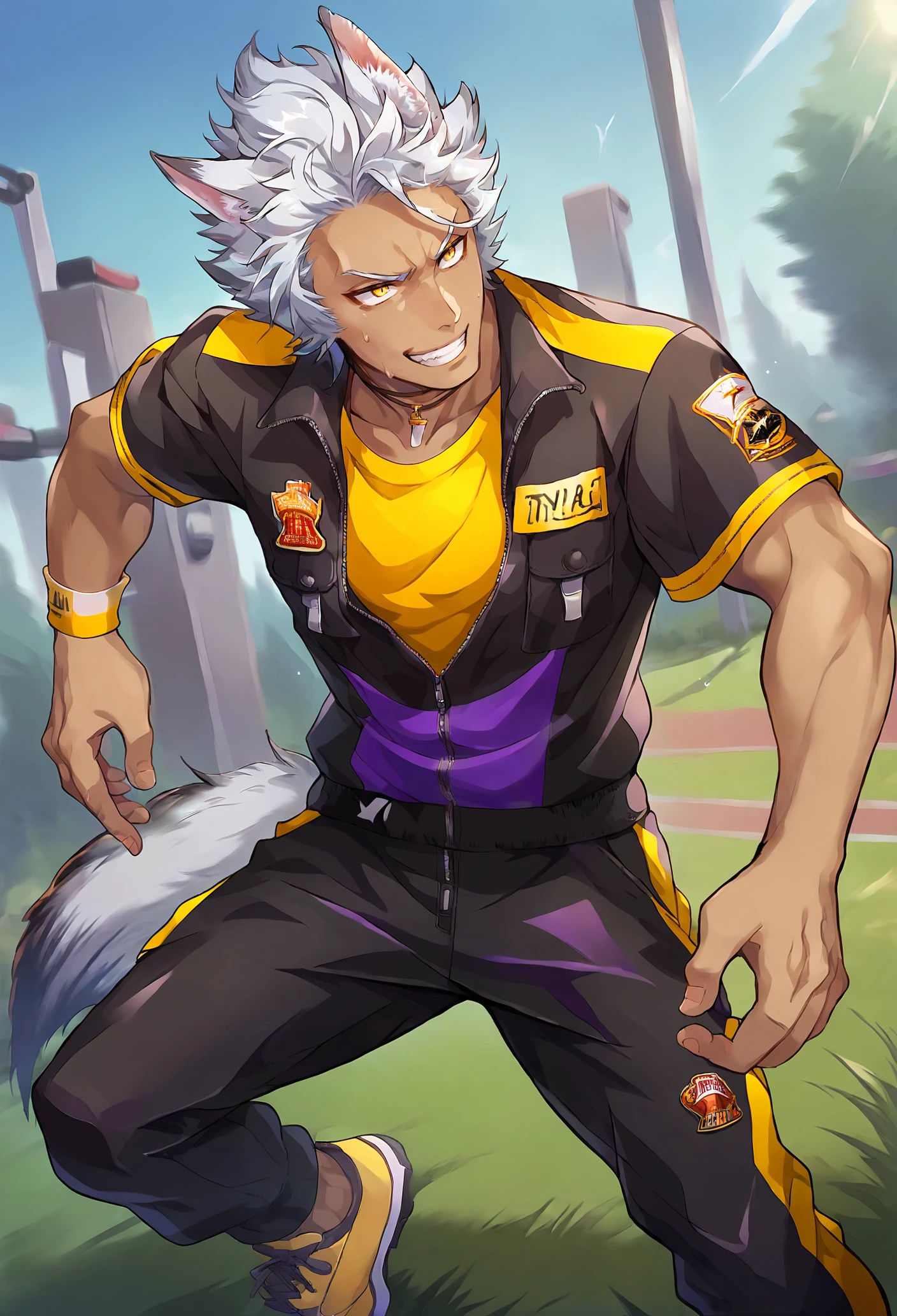 score_9, score_8_up, score_7_up, 
(j(4ckgym)), j4ckh0wl, animal ears, wolf ears, wolf tail, white hair, yellow eyes, 1boy, male focus, animal ears, dark-skinned male, solo, dark skin, 
black jacket, yellow shirt, black sweatpants, zipper pull tab, pocket, yellow footwear, necklace, nametag,
outdoors, grass, academy,
cocky, grin, action pose,
<lora:Jack_Howl:0.9>