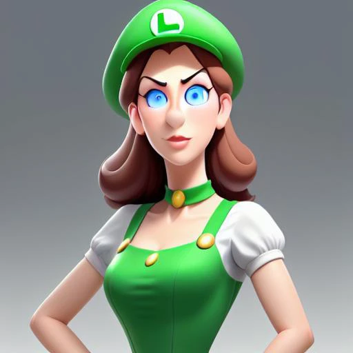 1woman, Luigette, no mustache, no facial hair, adult woman, long nose, extremely long face, extremely long and narrow head shape, very weak chin, extremely weak jawline, brown hair, lightly wavy hair, blue eyes, extremely tall eyes, average bust, average hips, average waist, blue idol dress, green under bust corset, white elbow-length silk gloves, super crown, crown, no hat, no luigi hat, no aura,