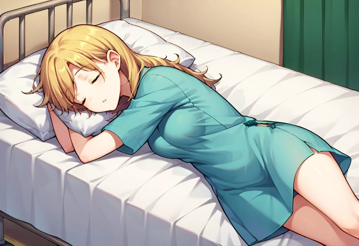 score_9, score_8, score_7, source_anime, enomotosaki, sleeping, hospital gown, hospital bed