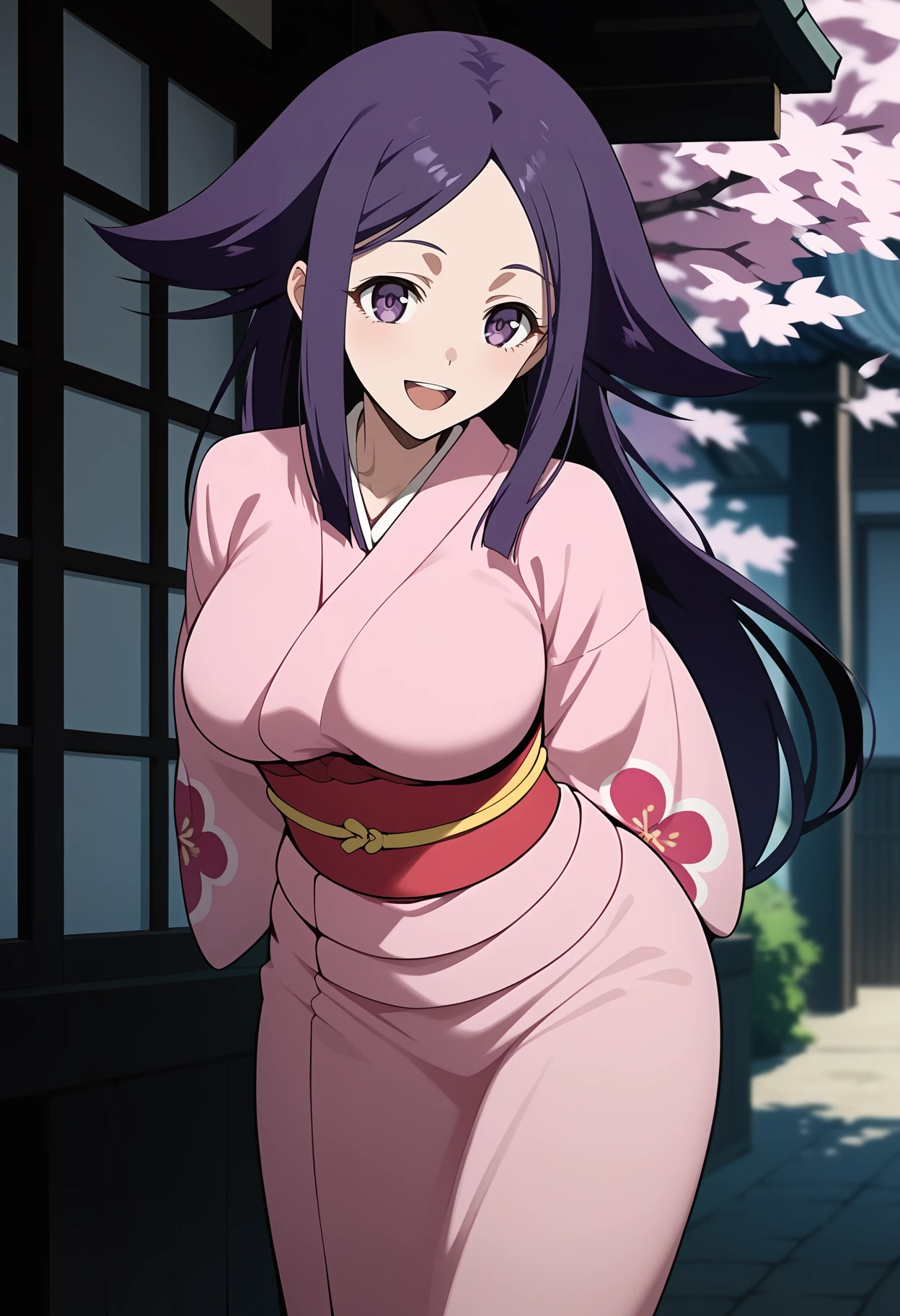 score_9, score_8_up, score_7_up, score_6_up, score_5_up, score_4_up, source_anime, aaoharu, long hair, purple hair, hair flaps, purple eyes, large breasts, japanese clothes, print kimono, pink kimono, long sleeves, obi, sash, <lora:oharu_ponyxl_v1:0.9>, smile, open mouth, standing, cowboy shot, leaning forward, outdoors, cherry blossoms, arms behind back,