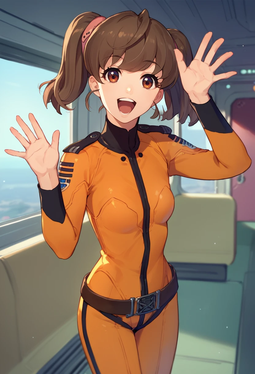 score_9, score_8_up, score_7_up, source_anime, solo, 1girl, misaki yuria, happy, open mouth, looking at viewer, standing, waving, twintails, orange bodysuit, belt, indoors, spacecraft interior <lora:spacebattleship_misaki_ponyXL:1>