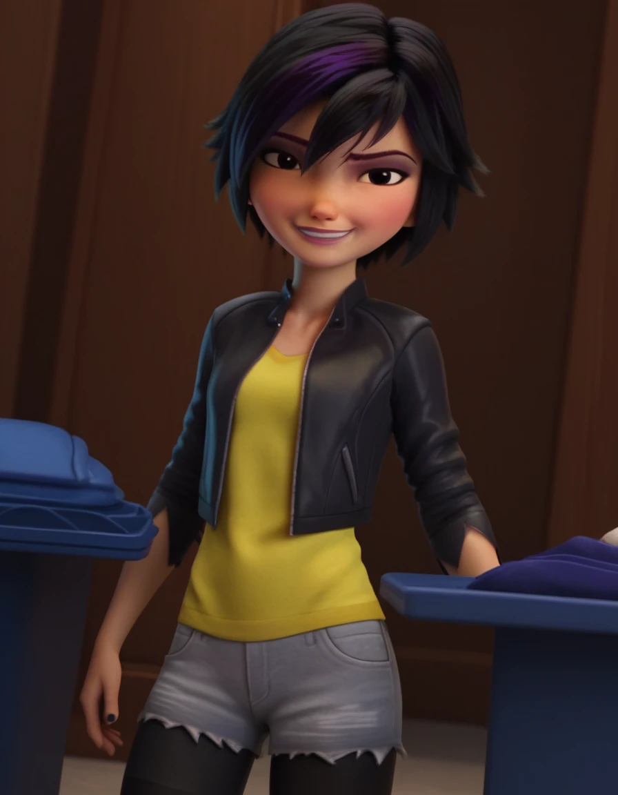 score_9, score_8_up, score_7_up, source_anime, <lora:go-go-tomago-movie-ponyxl-lora-nochekaiser:1>, go go tomago, short hair, black hair, black eyes, tomboy, streaked hair, purple hair, 3d,, shirt, jacket, pantyhose, open clothes, shorts, open jacket, black jacket, black pantyhose, denim, yellow shirt, grey shorts,, indoors, smile, looking at viewer, solo,, cowboy shot, dutch angle