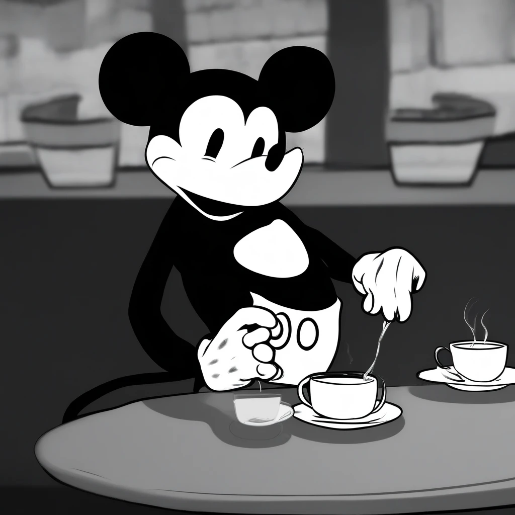 sadmouseavi, 1mouse, drinking a tea, in a cafe, monochrome