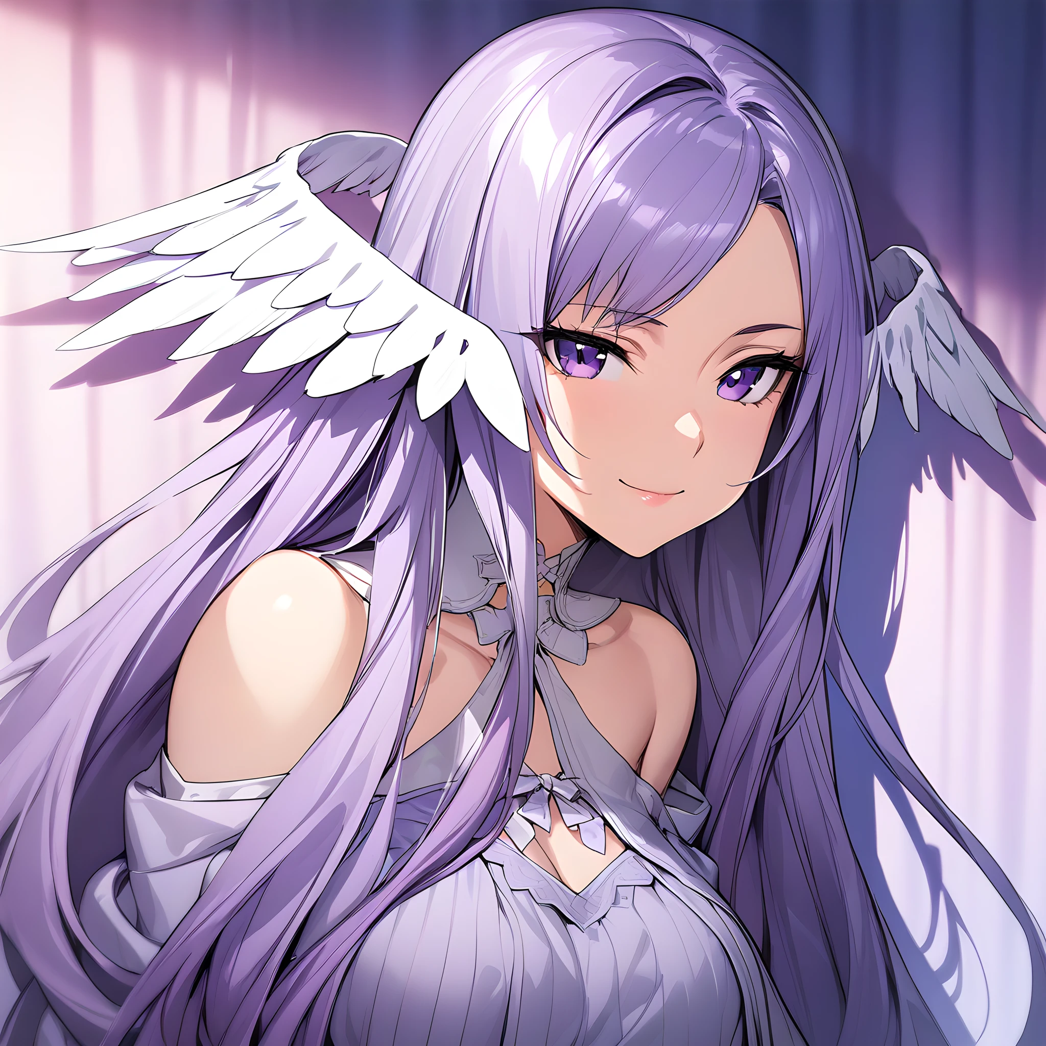 (masterpiece),(best quality),(ultra-detailed),(best illustration),(best shadow),(absurdres),(detailed background),(very aesthetic), quinella, 1girl, solo, long hair, seductive smile, purple eyes, purple hair, portrait, closed mouth, head wings,  <lora:XL-Quinella:1>