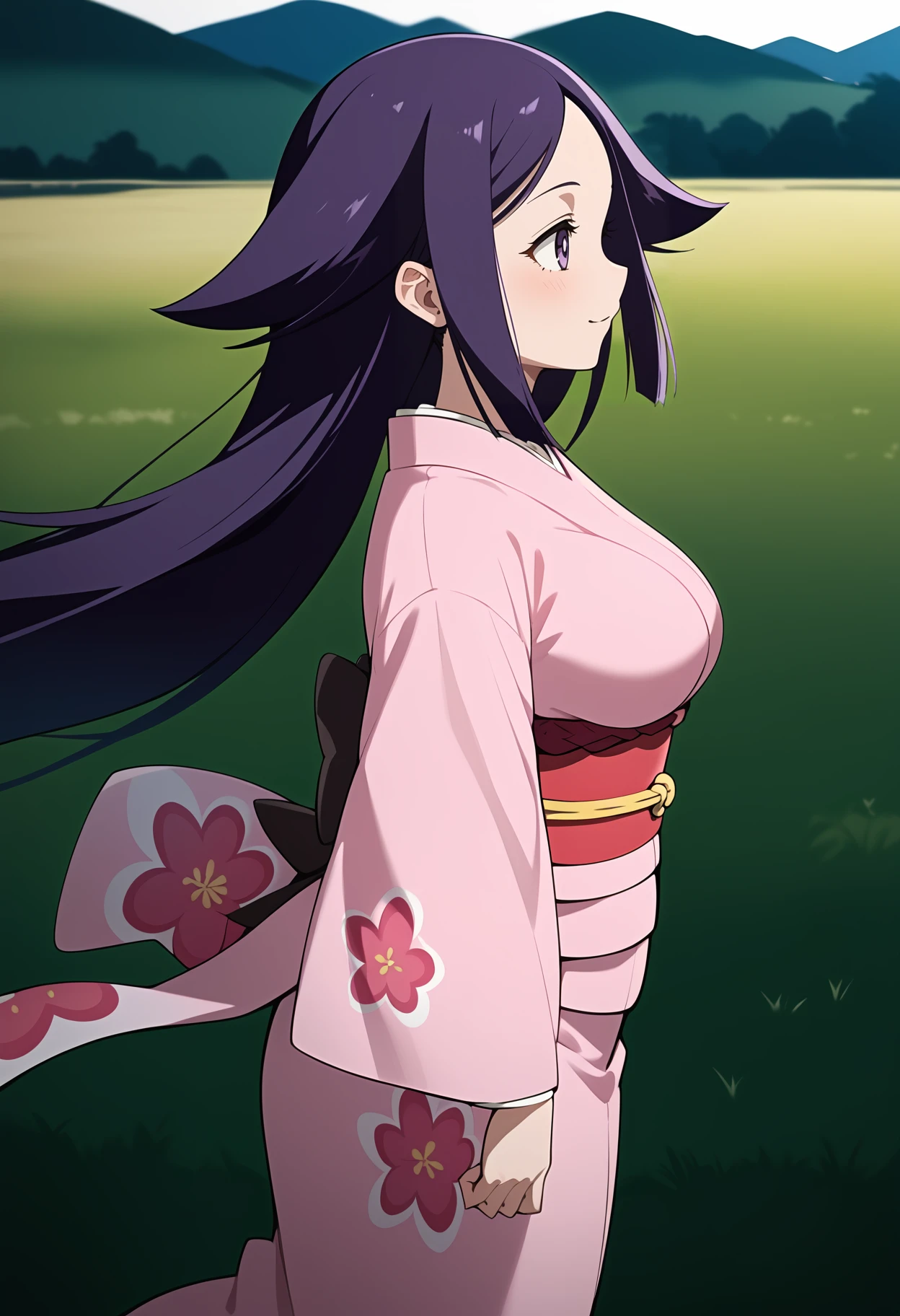 score_9, score_8_up, score_7_up, score_6_up, score_5_up, score_4_up, source_anime, aaoharu, long hair, purple hair, hair flaps, purple eyes, large breasts, japanese clothes, print kimono, pink kimono, long sleeves, obi, sash, <lora:oharu_ponyxl_v1:0.9>, from side, wind, field, looking at another, standing, cowboy shot, solo