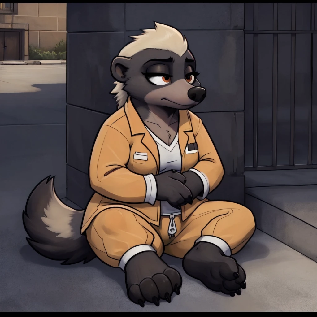 Dr. Madge, honey badger, anthro, female, <lora:Dr_Madge:0.6>, orange prison outfit:1.2, sitting, prison courtyard, outside, curb, bored, head on hand, wide shot, background focus, prison, full body