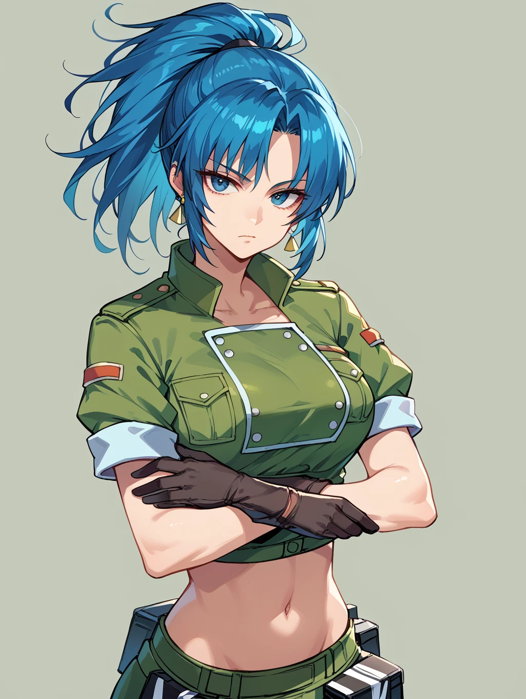 score_9, score_8_up, score_7_up,source_anime,BREAK,
Leona_heidern, green military uniform, expressionless, looking at viewer, arms under breasts,  navel, portrait, ponytail, 
<lora:Leona_heidern:1.2>