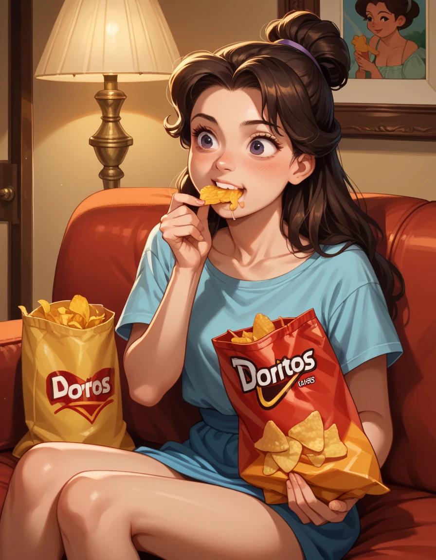 score_9, score_8_up, score_7_up, score_6_up, score_5_up, score_4_up, 1girl, belle_\(disney\), couch, lamp, hud_d0ritos, food, eating, Doritos, holding bag of chips <lora:d0ritos-000008:0.6> ,