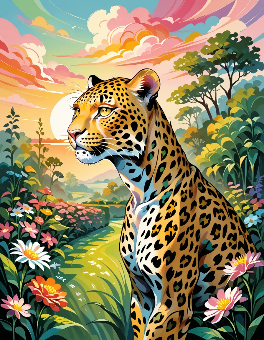 score_9, score_8_up, score_7_up, score_6_up, score_5_up, score_4_up, hud_m4x_4bstr4ct_styl, colorful, abstract,fabled, jaguar, flower, garden, sky, sunset, <lora:colorfulabstractpny:0.6>,