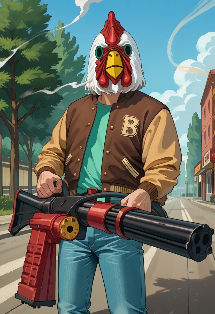 score_9, score_8_up, source_anime, 1boy, solo, gatling gun, holding gatling gun, [:smoke, firing:0.25], JacketHotlineMiami, mask, letterman jacket, brown jacket, green shirt, belt, jeans, outdoors, <lora:ChamJacketHotlineMiamiPonyXL:1>, <lora:GatlingGun_pdxl_Incrs_v1:1>