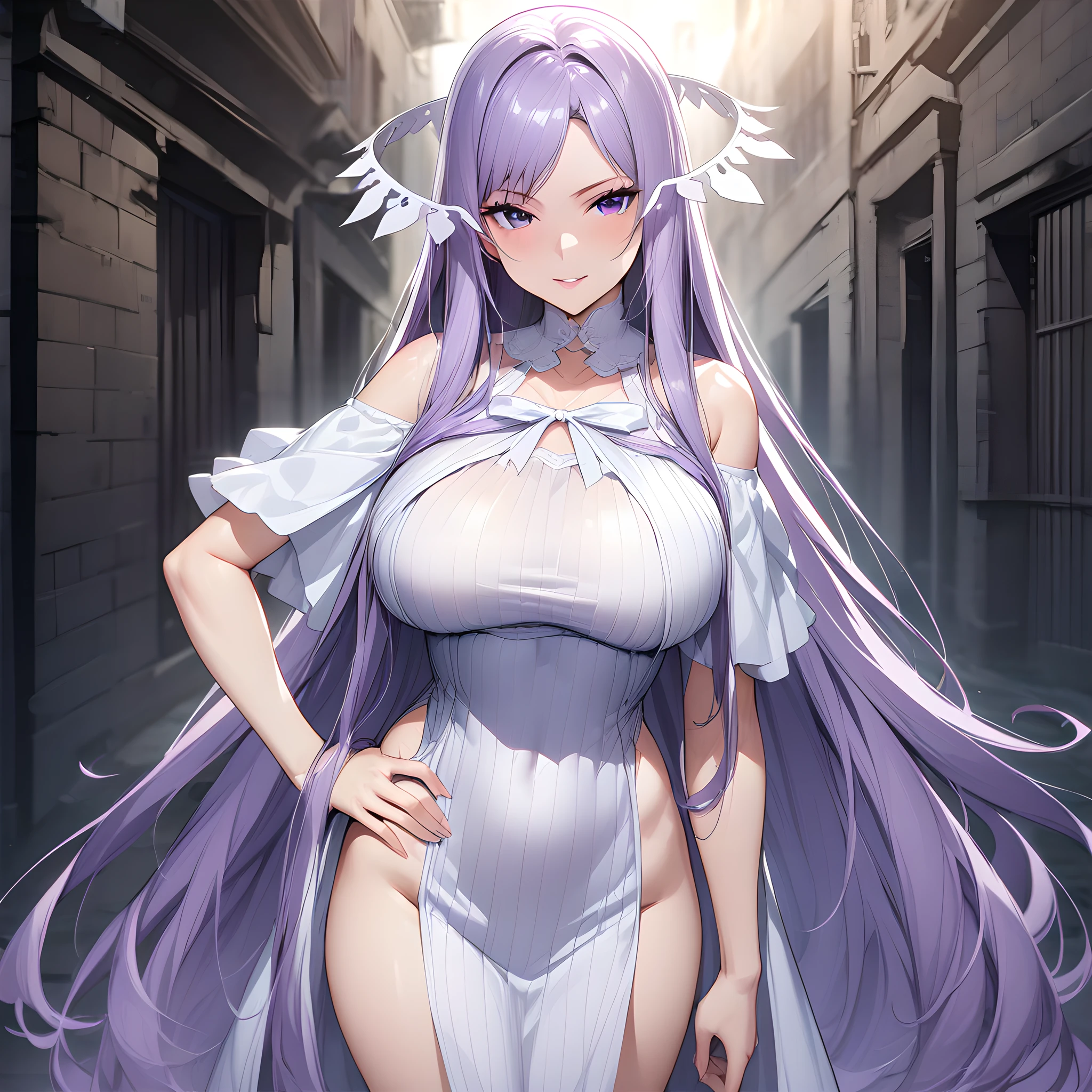 (masterpiece),(best quality),(ultra-detailed),(best illustration),(best shadow),(absurdres),(detailed background),(very aesthetic), quinella, 1girl, solo, long hair, dress, very long hair, barefoot, purple eyes, purple hair, white background, large breasts, looking at viewer, cowboy shot, hand on hip, dark alleyway background, white dress, seductive smile, from the front view, <lora:XL-Quinella:1>