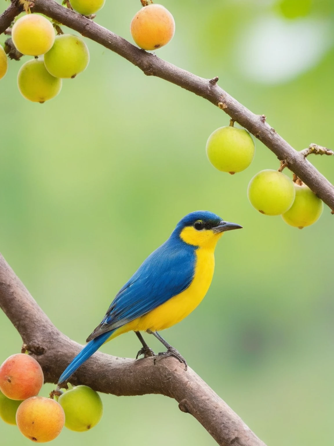 niaoxiansheng, no humans, food, bird, fruit, blurry, animal focus, blurry background, depth of field, realistic, branch, tree, animal, outdoors, day