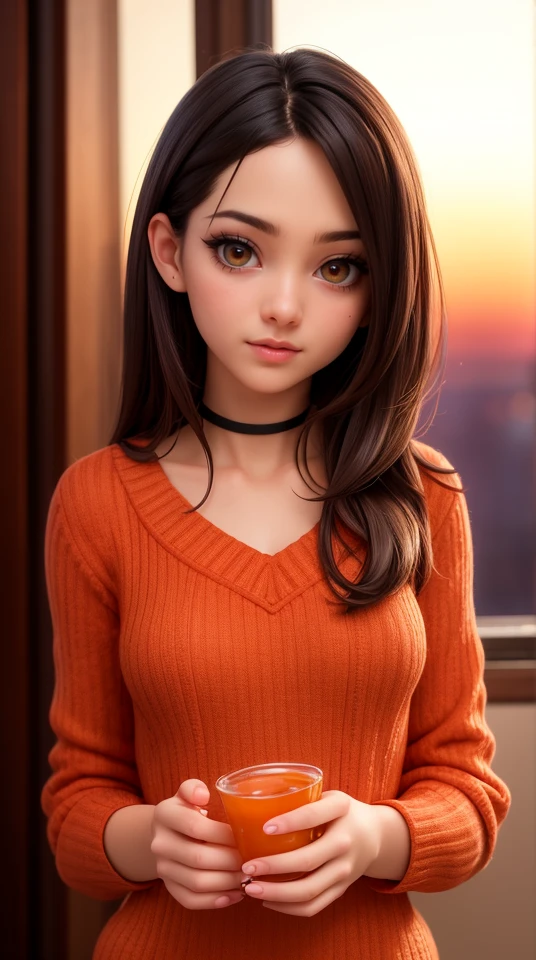 1 young cute iranian girl, medium eyes, detailed eyes, expressive eyes, very slim, skinny, redhead, rouge, red neck lace choker, cateyes makeup, colorful, oversize knit jumper, softcore, warm lighting, cosy atmosphere, Instagram style, red theme, upper body shot,(cinematic, black and red:0.85), (sunset beautiful background:1.3), sharp, dim colors