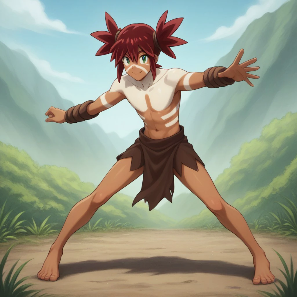 score_9, score_8_up, score_7_up,full-length portrait, dynamic pose, perfect anatomy, source_anime, highly detailed, 1boy, solo, male_focus, slender, skinny, cute, dark skin, bodypaint, 1boy, male focus, loincloth, green eyes, topless, smile, outdoors, red hair, day, closed mouth, barefoot, feet, facial mark, navel, twintails, tribal, collarbone, hair between eyes,
simple background,