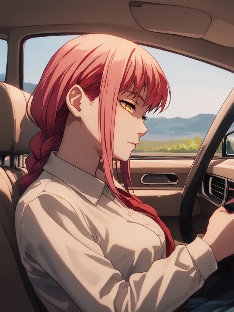 score_9, score_8_up, score_7_up, volumetric lighting, makima, a woman with pink hair sitting in a car, 1girl, sidelocks, red hair, ground vehicle, driving, <lora:chainsawman_pony_v1-1_mx:0.9>