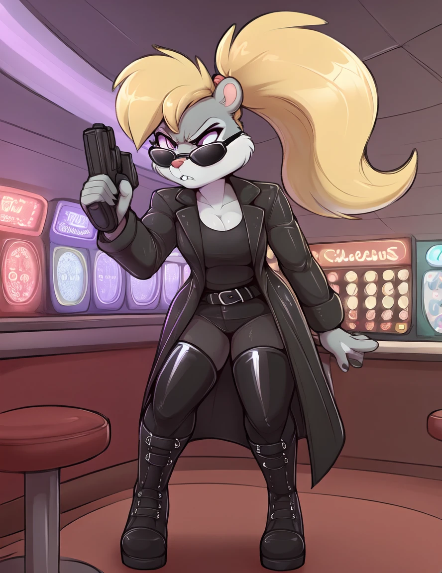 by backsash,by virito, detailed background, casino, BREAK, berri, female, anthro, chipmunk, blonde hair, ponytail, buckteeth, sunglasses, black leather, leather coat, leather boots, holding gun, angry, frown <lora:Berri_04-Polyfur-nd64-40-4880:1>