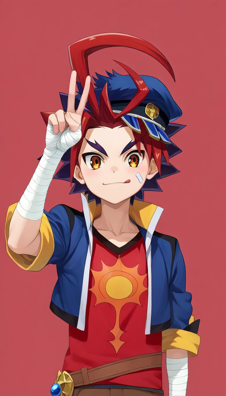 rating_safe, embedding:zPDXL, looking_at_viewer, source_anime,1boy,gao mikado, peaked cap, blue cropped jacket, red t-shirt, bandaged arm,V,:q




