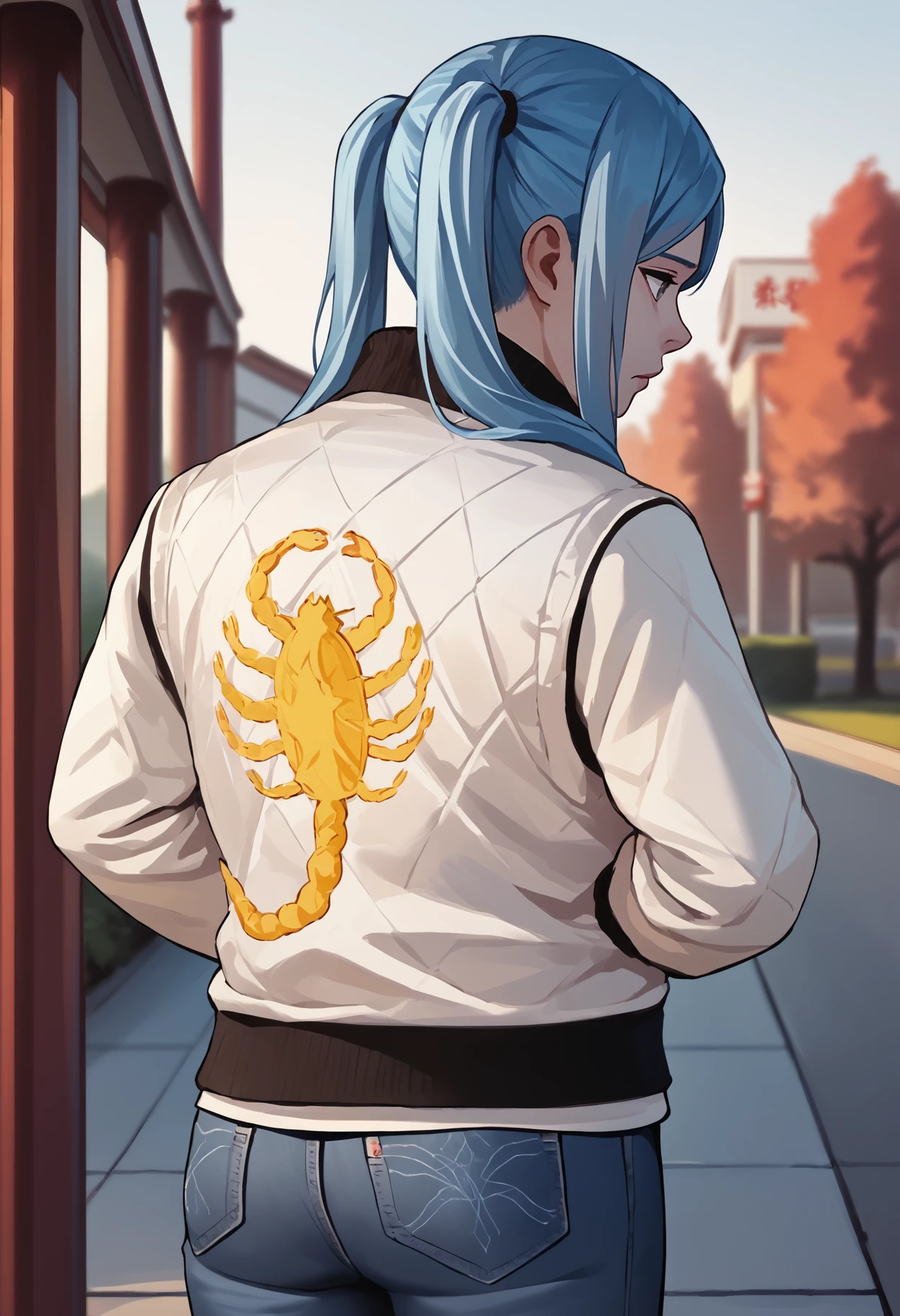 score_9, score_8_up, score_7_up, source_anime BREAK 1girl, solo, <lora:flora-fe-richy-v1_pdxl:0.8> flrrnd, grey eyes, blue hair, long hair, twintails,  <lora:drivejacket-outfit-richy-v1_pdxl:1> print jacket, white jacket, from behind, jeans