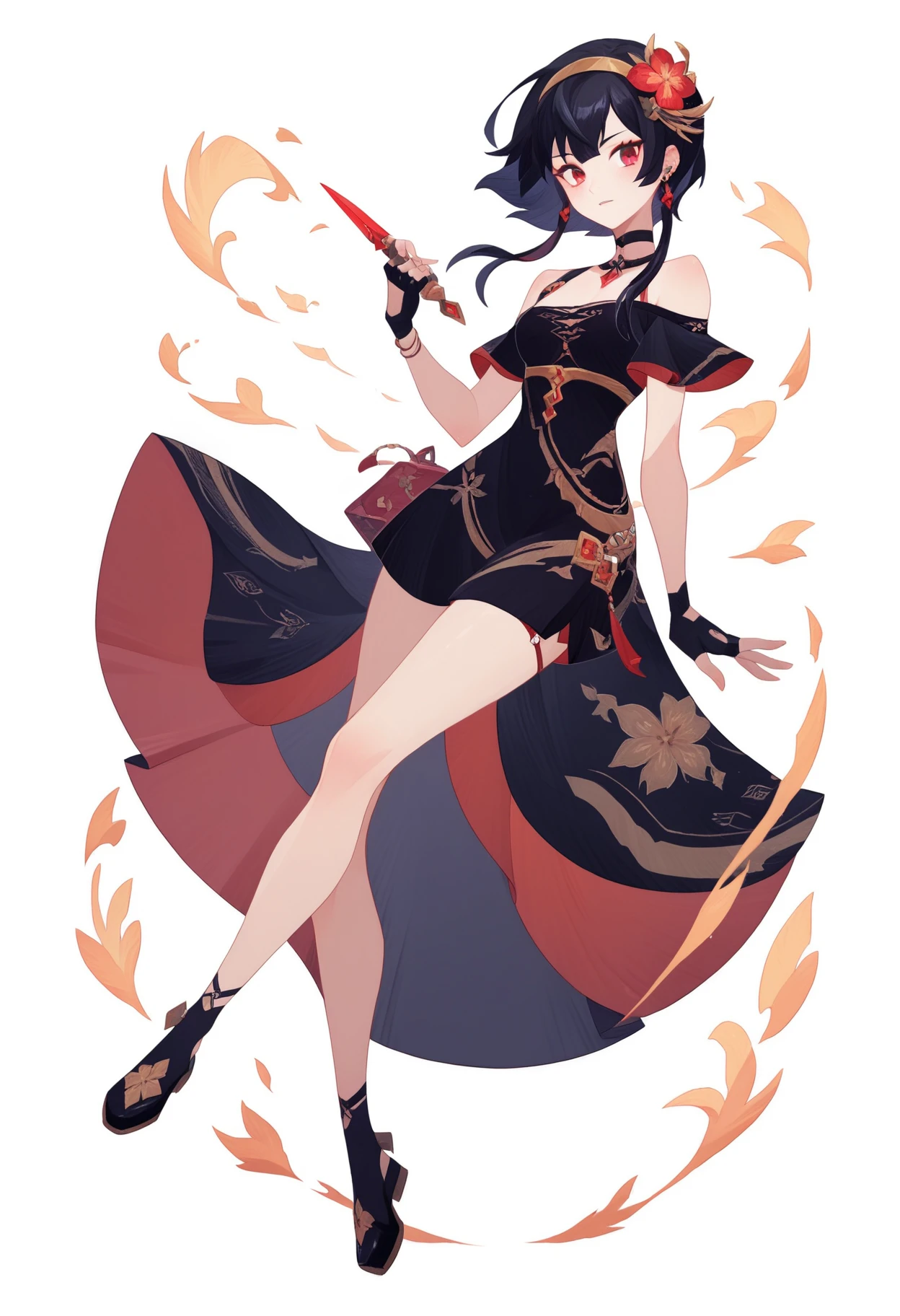 score_9, score_8_up, score_7_up, score_6_up
YorForger,1girl,black hair,red eyes,short hair with long locks, gold hairband,hair flower, black choker, black dress,sleeveless,off shoulder, floral_print, fingerless gloves, black footwear, thigh holding dagger
<lora:afkArenaStylePony:1> afkArenaStyle